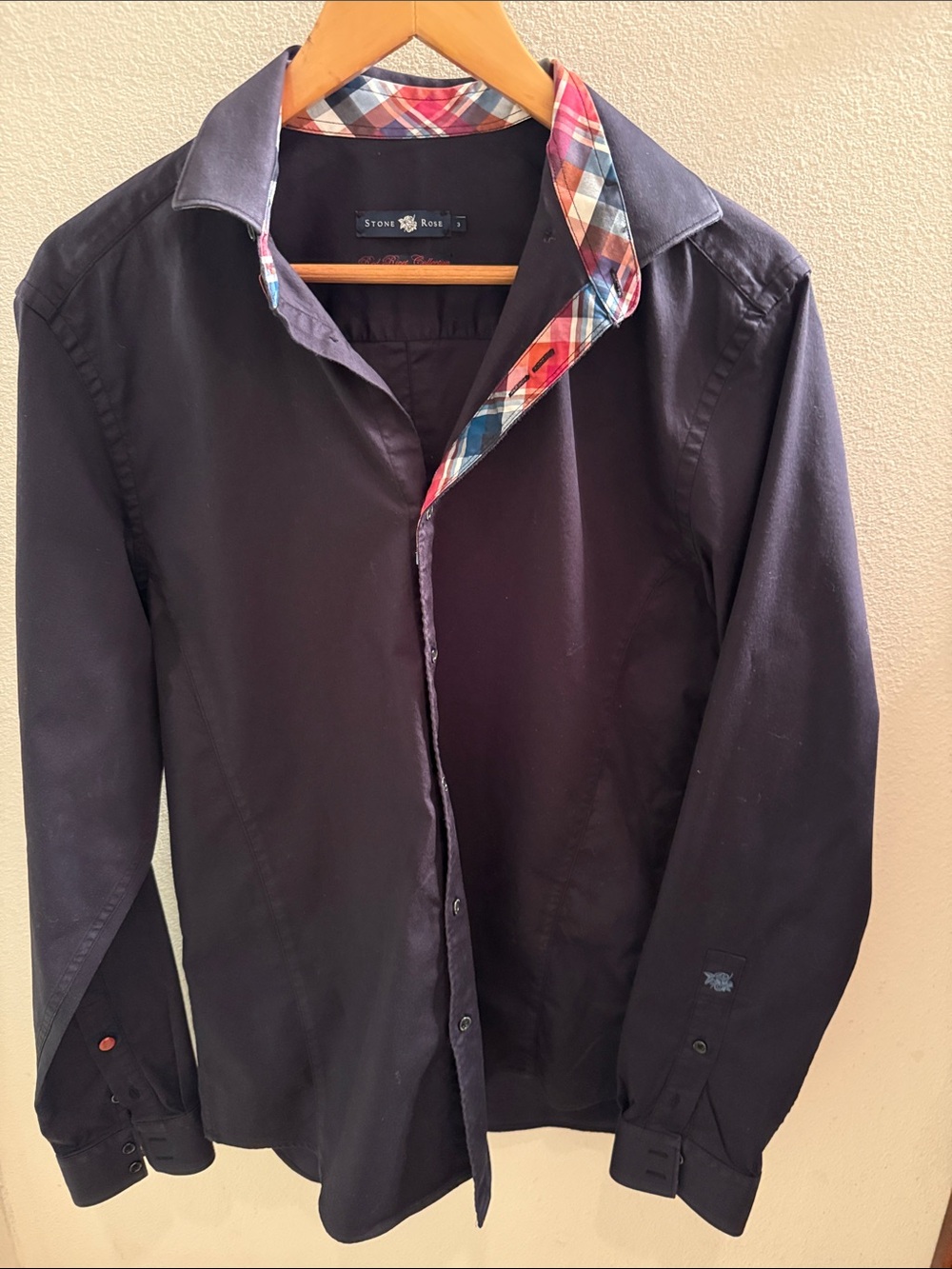 Stone Rose Black Dress Shirt with Multicolor Plaid Trim, EUC, Size 3